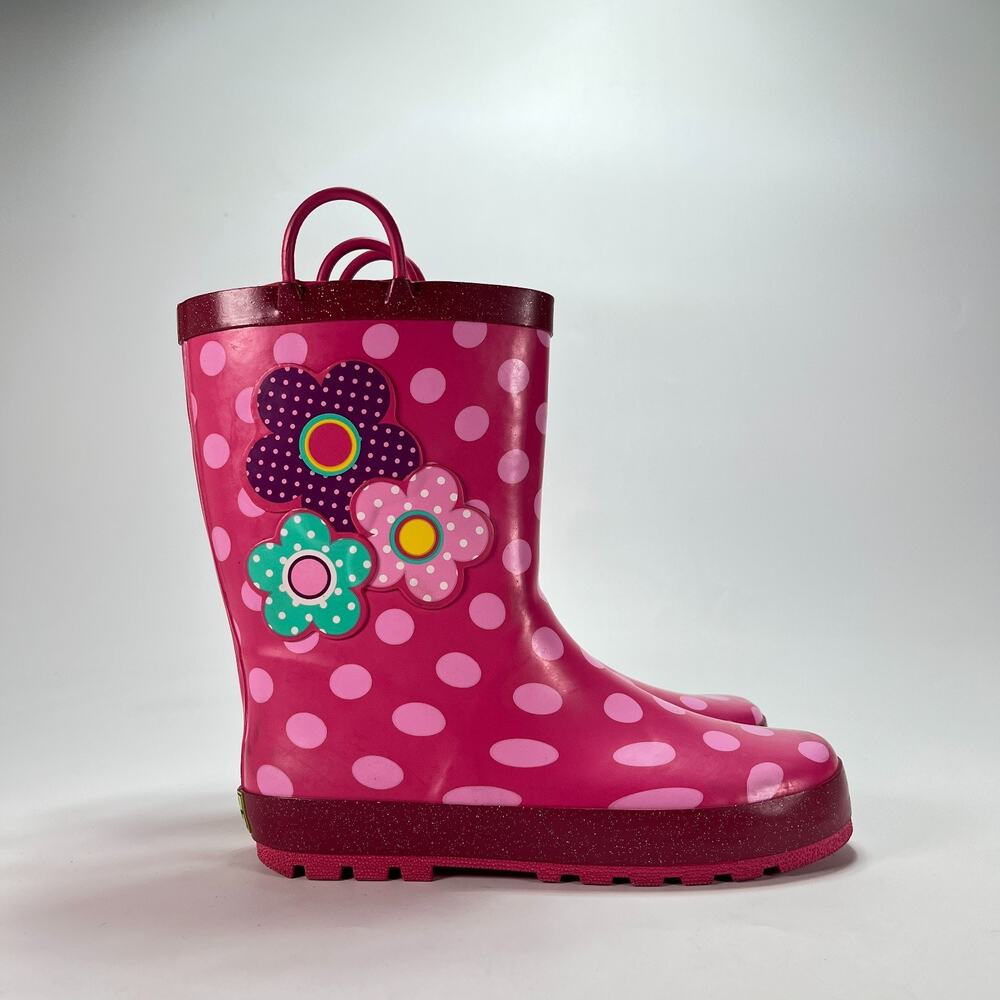 Western Chief Flower Pink Polka Dot Waterproof Pull On Rain Boots Youth Size 4